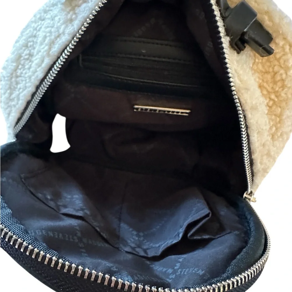 Steve Madden Mini Sherpa Adjustable Backpack Bag | Cream and Black